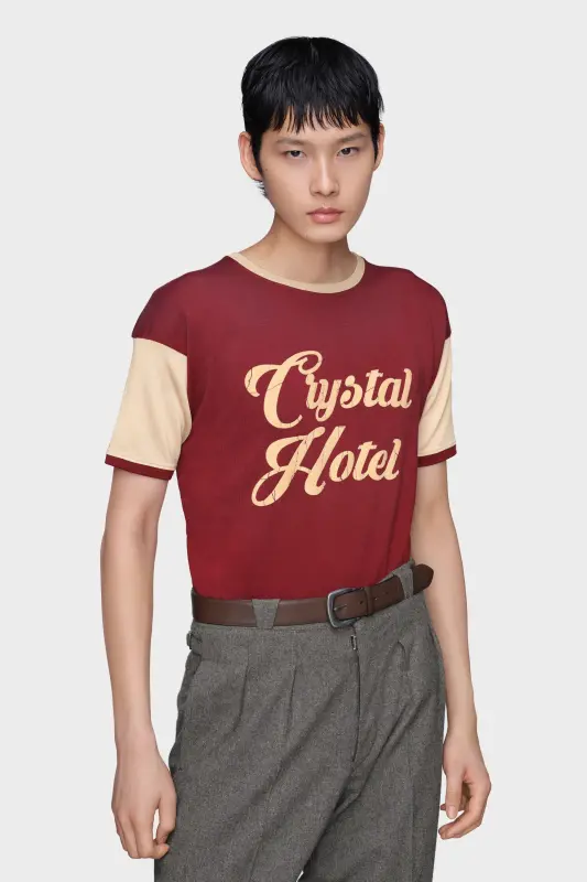 Maison Margiela Mens Red Viscose Varsity T-Shirt Bordeaux and chalk online